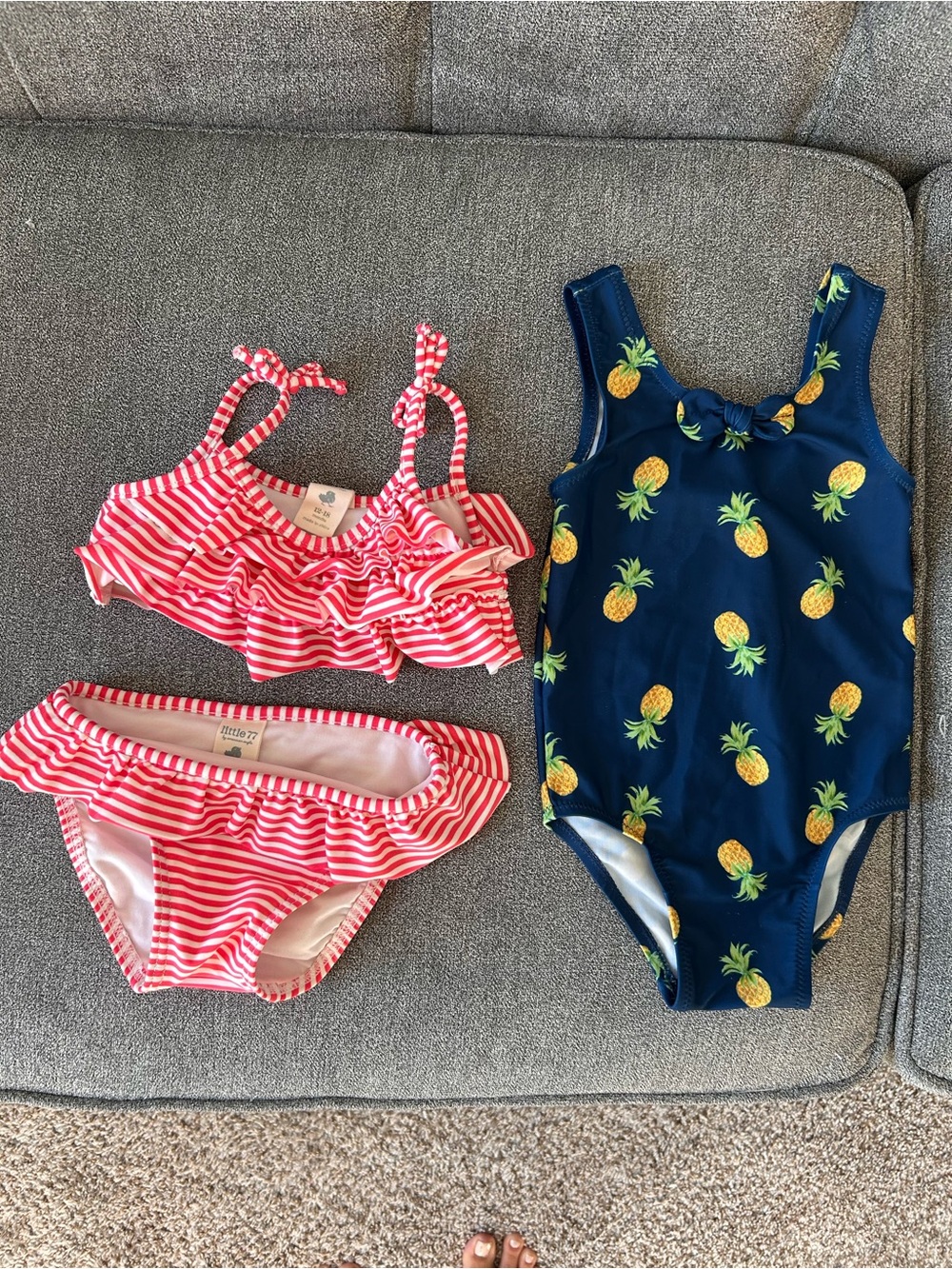 Girls Navy Pineapple One-Piece Swimsuit & Red Stripe Bikini Set